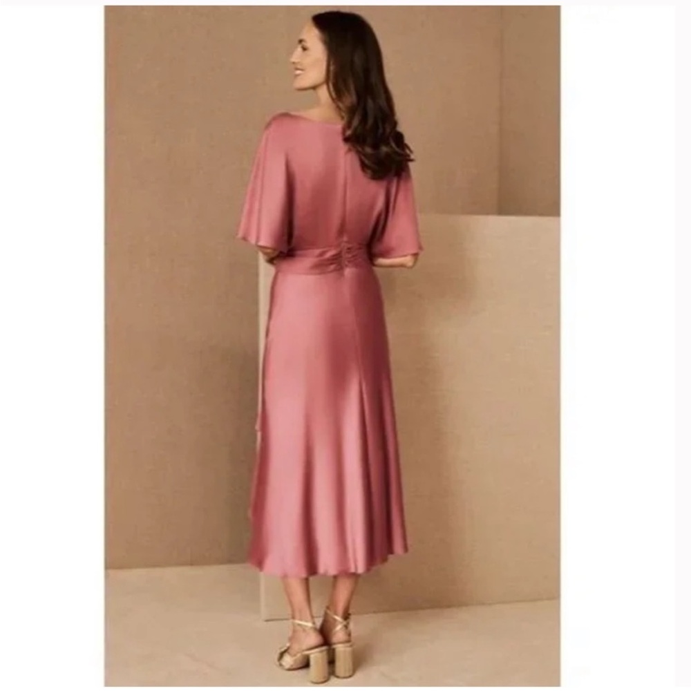 BHLDN Olmstead Midi Dress Silky Faux Wrap Drape Matte Rosette Bridesmaid Wedding - Picture 6 of 11